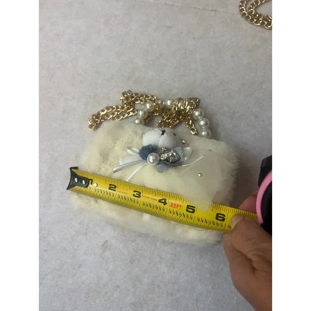 Doe a Dear Girls Faux Fur Teddy Bear Ballerina Crossbody Bag Pearl Handle Cream
